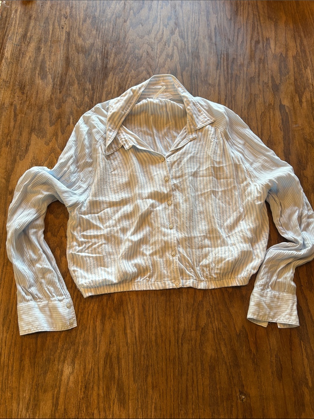 Free People Pale Blue Striped Cropped Button-Down Shirt